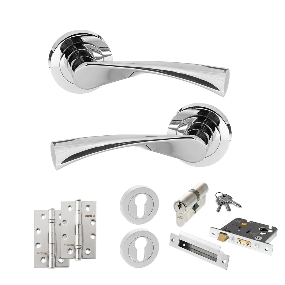 Quality image of STATUS Colorado Door Handle Pack (Euro Lock Set - 3" CE Sashlock, 4" Slim Knuckle Hinges x2) - Polished Chrome | Sku. adps34rpc25 | available from Trade Door Handles.