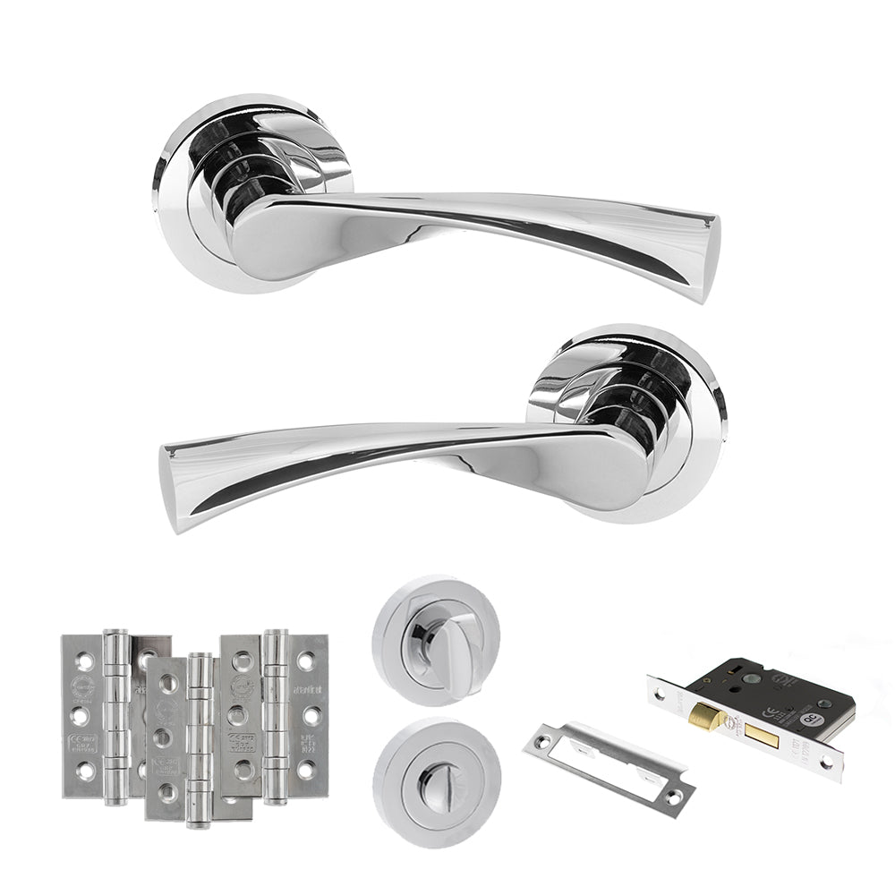 Quality image of STATUS Colorado Door Handle Pack (Bathroom Set - 3" CE Bathroom Lock, 3" Fire Rated Hinges x3) - Polished Chrome | Sku. adps34rpc9 | available from Trade Door Handles.