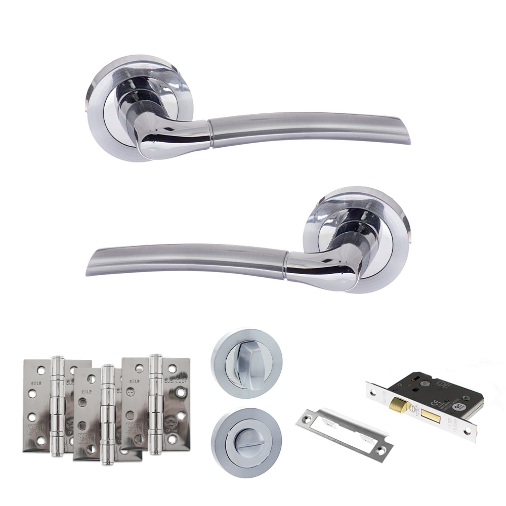 Quality image of Eco Swell Door Handle Pack (Bathroom Set - 2.5" CE Bathroom Lock, 4" Fire Rated Hinges x3) - Satin Chrome/Polished Chrome | Sku. adpeco10scpc10 | available from Trade Door Handles.