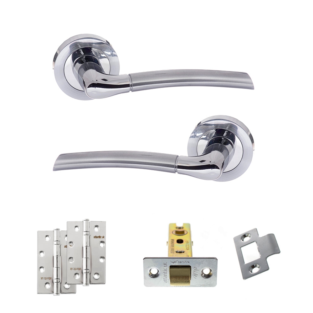 Quality image of Eco Swell Door Handle Pack (Latch Set - 3" CE Latch, 4" Slim Knuckle Hinges x2) - Satin Chrome/Polished Chrome | Sku. adpeco10scpc6 | available from Trade Door Handles.