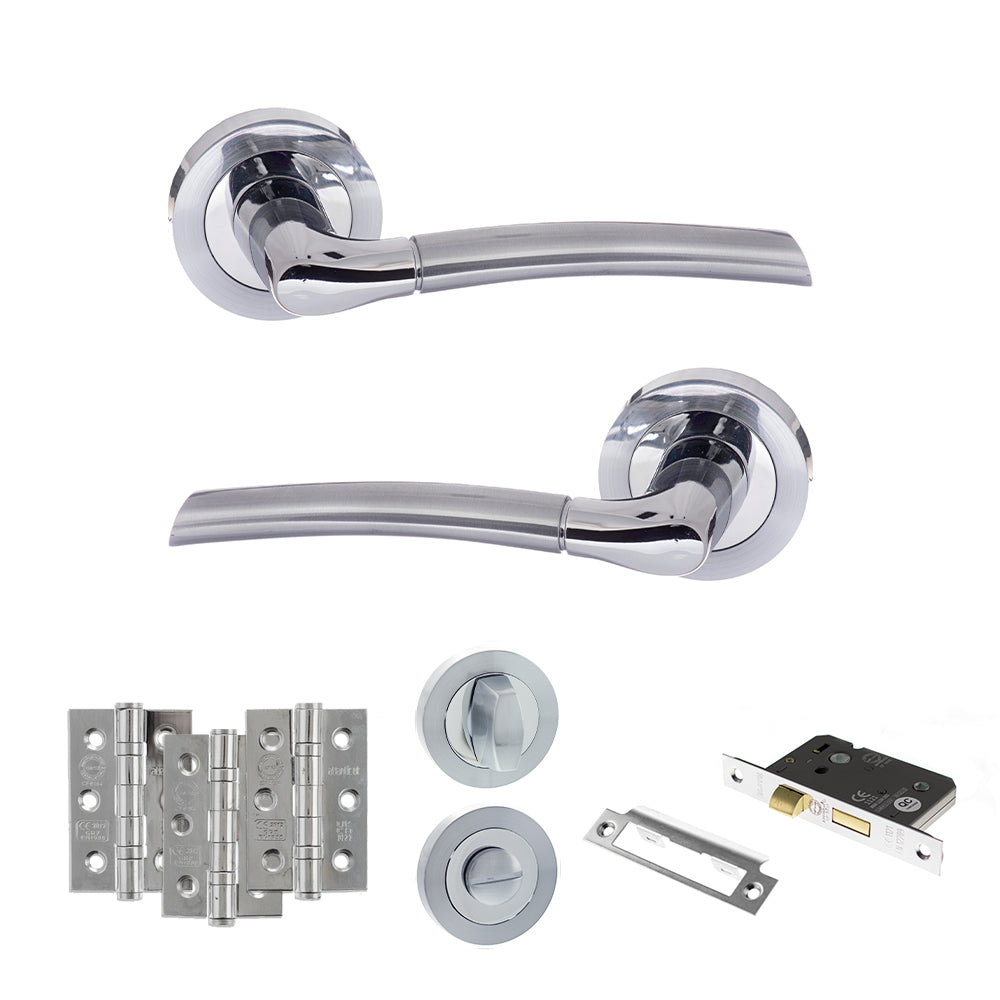 Quality image of Eco Swell Door Handle Pack (Bathroom Set - 3" CE Bathroom Lock, 3" Fire Rated Hinges x3) - Satin Chrome/Polished Chrome | Sku. adpeco10scpc9 | available from Trade Door Handles.