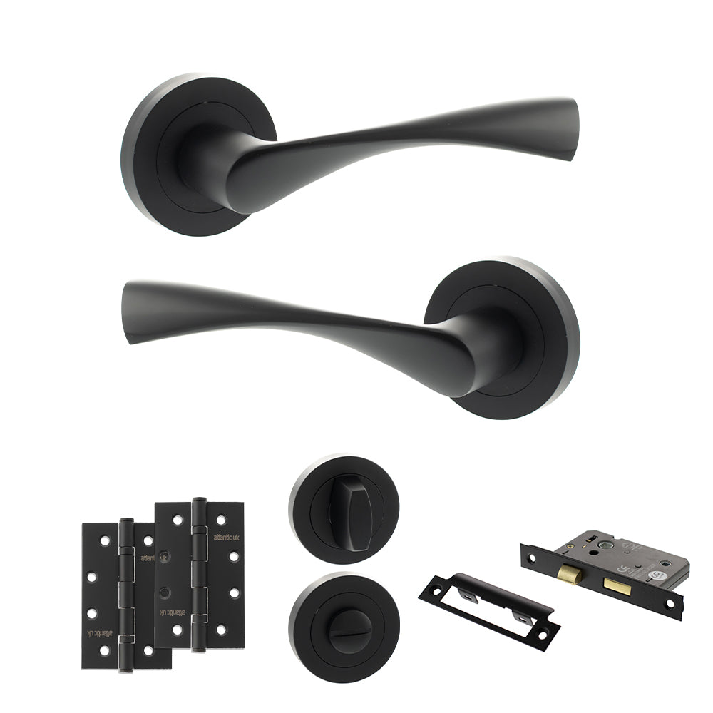 Quality image of Eco Aqua Door Handle Pack (Bathroom Set - 2.5" CE Bathroom Lock, 4" Slim Knuckle Hinges x2) - Matt Black | Sku. adpeco20mb12 | available from Trade Door Handles.