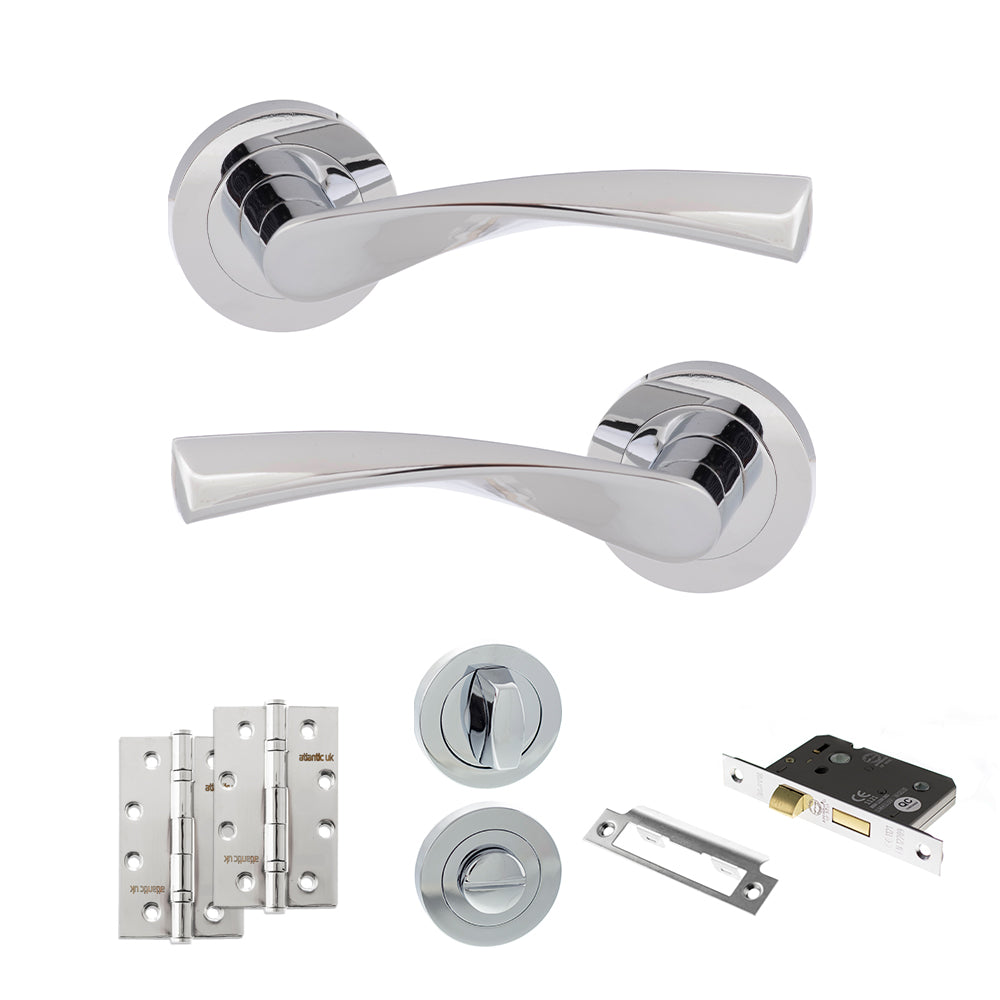 Quality image of Eco Aqua Door Handle Pack (Bathroom Set - 3" CE Bathroom Lock, 4" Slim Knuckle Hinges x2) - Polished Chrome | Sku. adpeco20pc13 | available from Trade Door Handles.