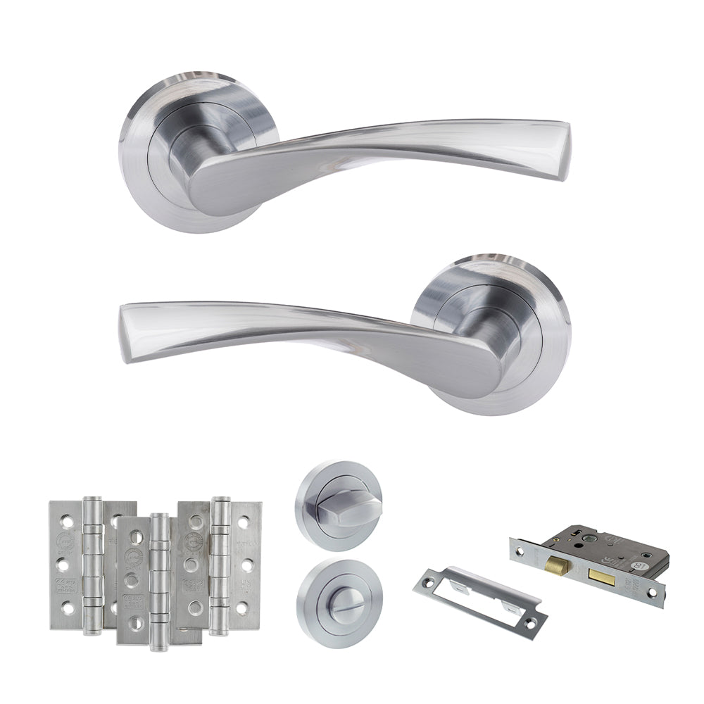 Quality image of Eco Aqua Door Handle Pack (Bathroom Set - 3" CE Bathroom Lock, 3" Fire Rated Hinges x3) - Satin Chrome | Sku. adpeco20sc9 | available from Trade Door Handles.