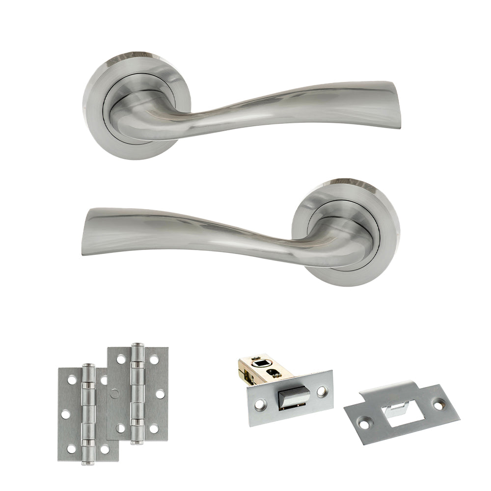 Quality image of Eco Wave Door Handle Pack (Latch Set - 2.5" Latch, 3" Hinges x2) - Satin Chrome | Sku. adpeco30sc7 | available from Trade Door Handles.