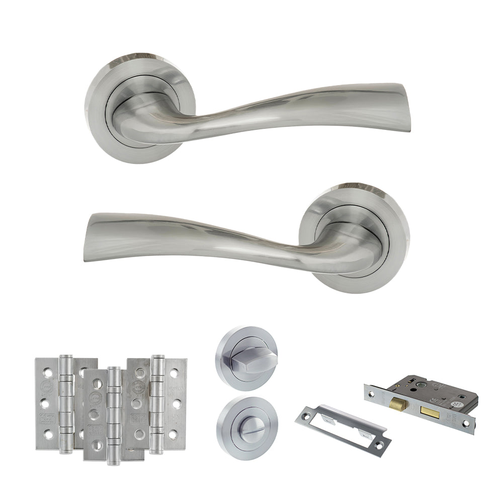Quality image of Eco Wave Door Handle Pack (Bathroom Set - 2.5" CE Bathroom Lock, 3" Fire Rated Hinges x3) - Polished Chrome | Sku. adpeco30pc8 | available from Trade Door Handles.