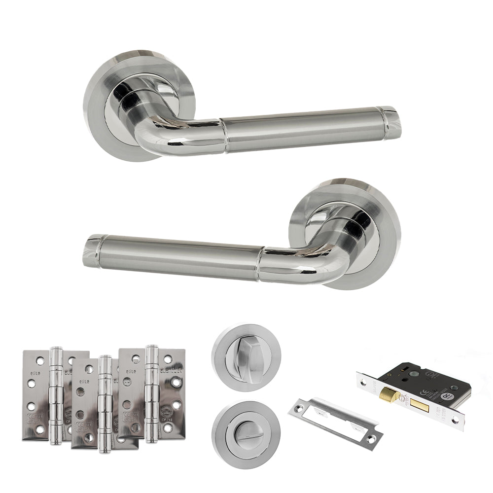 Quality image of Eco Ocean Door Handle Pack (Bathroom Set - 2.5" CE Bathroom Lock, 4" Fire Rated Hinges x3) - Satin Chrome/Polished Chrome | Sku. adpeco40scpc10 | available from Trade Door Handles.