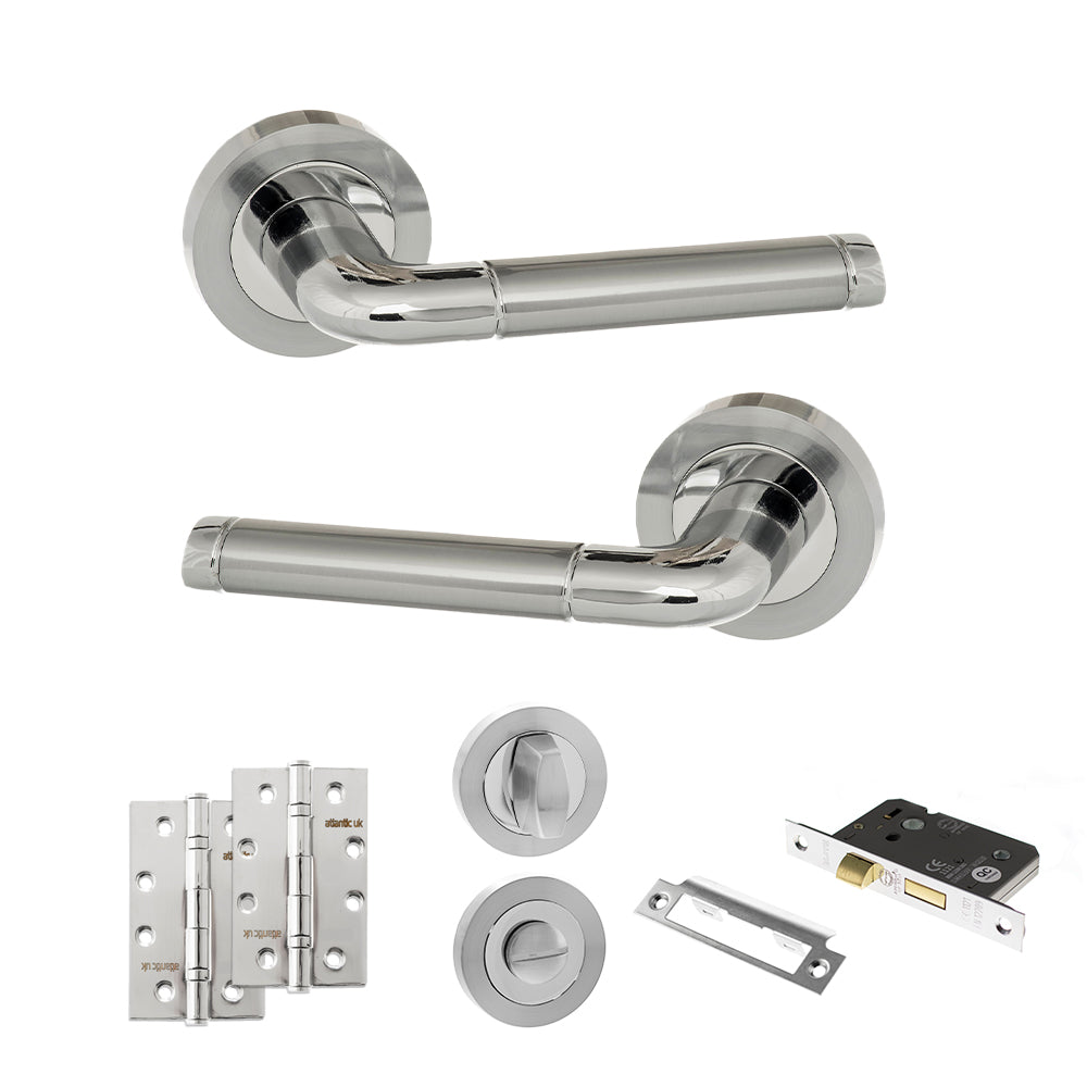 Quality image of Eco Ocean Door Handle Pack (Bathroom Set - 3" CE Bathroom Lock, 4" Slim Knuckle Hinges x2) - Satin Chrome/Polished Chrome | Sku. adpeco40scpc13 | available from Trade Door Handles.