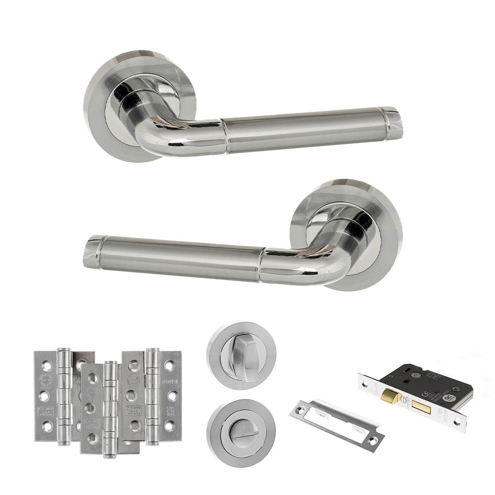 Quality image of Eco Ocean Door Handle Pack (Bathroom Set - 3" CE Bathroom Lock, 3" Fire Rated Hinges x3) - Satin Chrome/Polished Chrome | Sku. adpeco40scpc9 | available from Trade Door Handles.
