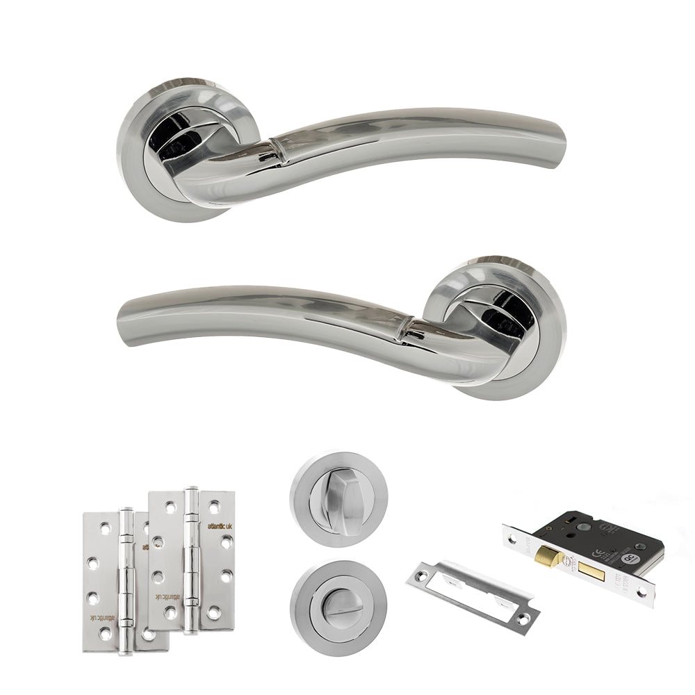 Quality image of Eco Crest Door Handle Pack (Bathroom Set - 3" CE Bathroom Lock, 4" Slim Knuckle Hinges x2) - Satin Chrome/Polished Chrome | Sku. adpeco50scpc13 | available from Trade Door Handles.