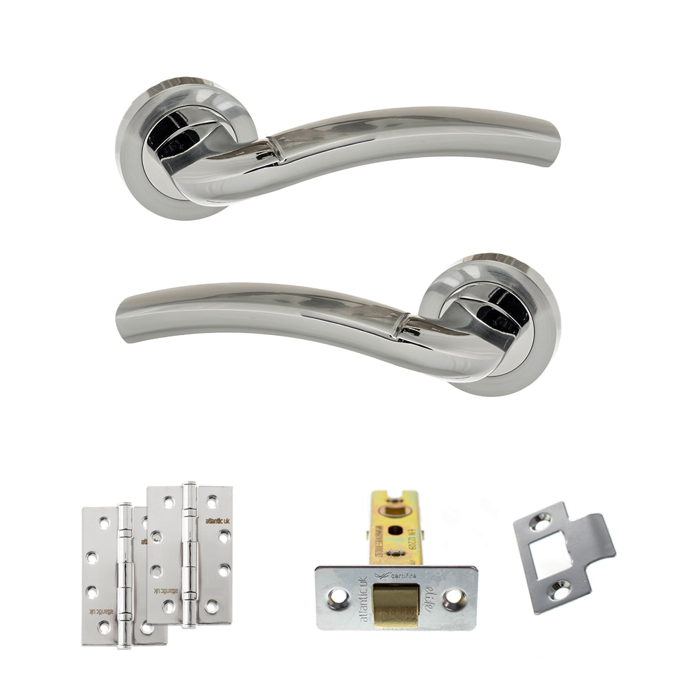 Quality image of Eco Crest Door Handle Pack (Latch Set - 2.5" CE Latch, 4" Slim Knuckle Hinges x2) - Satin Chrome/Polished Chrome | Sku. adpeco50scpc5 | available from Trade Door Handles.
