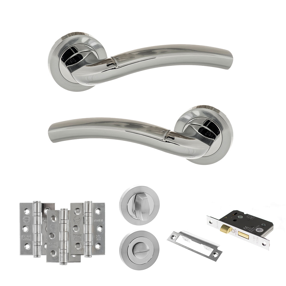Quality image of Eco Crest Door Handle Pack (Bathroom Set - 3" CE Bathroom Lock, 3" Fire Rated Hinges x3) - Satin Chrome/Polished Chrome | Sku. adpeco50scpc9 | available from Trade Door Handles.