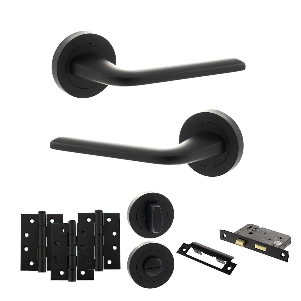 Quality image of Eco Surf Door Handle Pack (Bathroom Set - 2.5" CE Bathroom Lock, 4" Fire Rated Hinges x3) - Matt Black | Sku. adpeco60mb10 | available from Trade Door Handles.