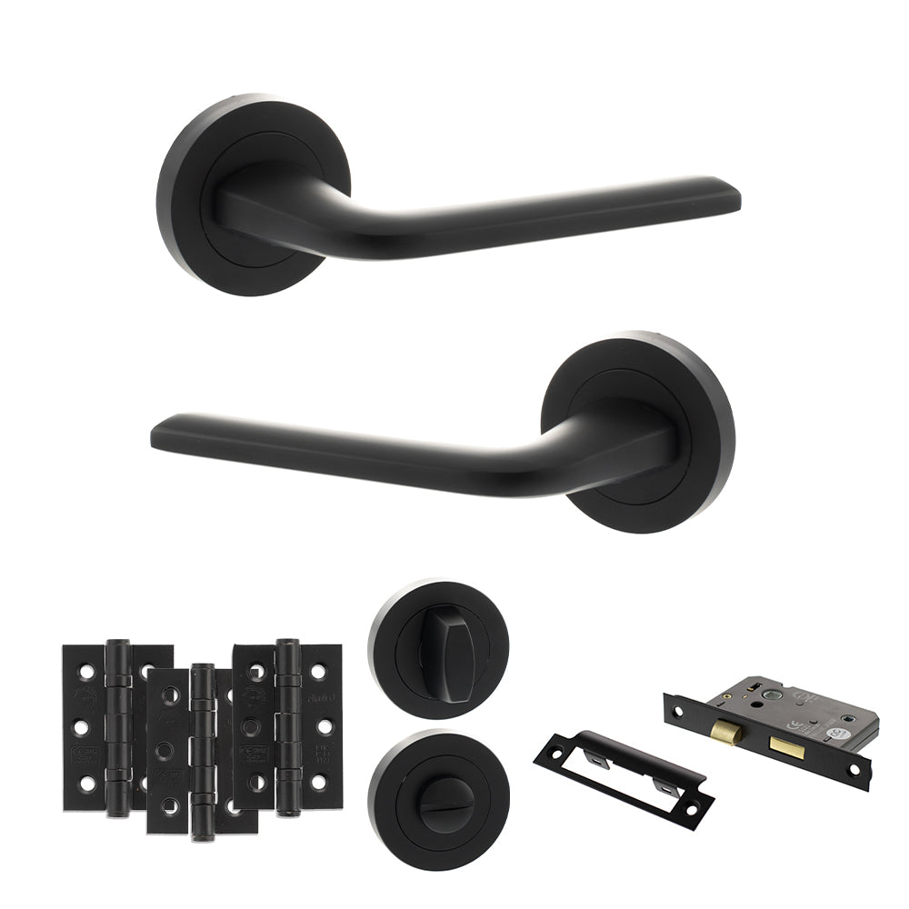 Quality image of Eco Surf Door Handle Pack (Bathroom Set - 3" CE Bathroom Lock, 3" Fire Rated Hinges x3) - Matt Black | Sku. adpeco60mb9 | available from Trade Door Handles.