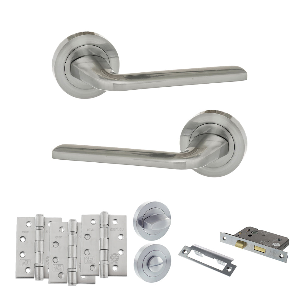 Quality image of Eco Surf Door Handle Pack (Bathroom Set - 3" CE Bathroom Lock, 4" Fire Rated Hinges x3) - Satin Chrome | Sku. adpeco60sc11 | available from Trade Door Handles.