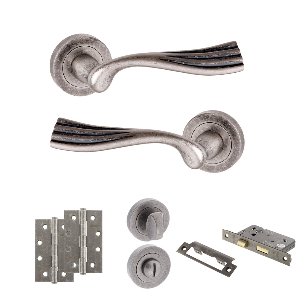Quality image of Old English Richmond Door Handle Pack (Bathroom Set - 3" CE Bathroom Lock, 4" Slim Knuckle Hinges x2) - Distressed Silver | Sku. adpoe110ds13 | available from Trade Door Handles.