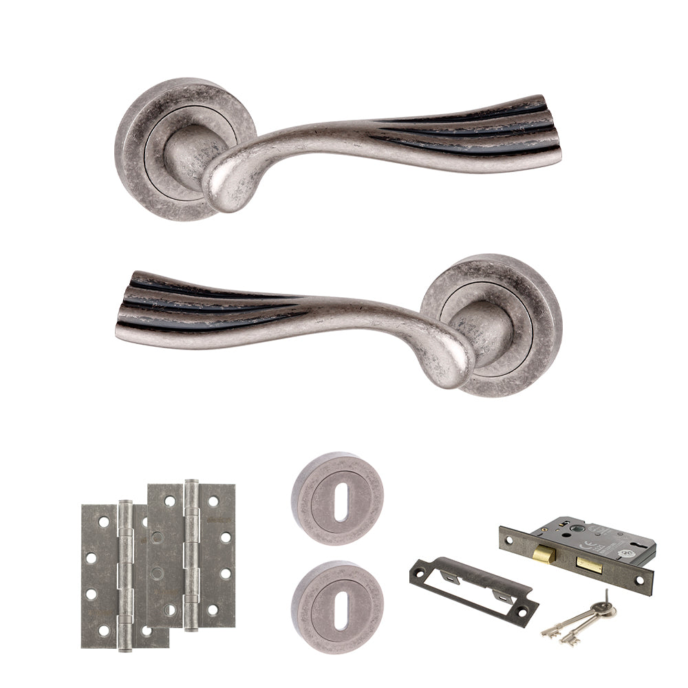 Quality image of Old English Richmond Door Handle Pack (3 Lever Lock Set - 2.5" CE Sashlock, 4" Slim Knuckle Hinges x2) - Distressed Silver | Sku. adpoe110ds18 | available from Trade Door Handles.