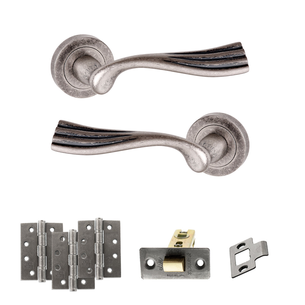 Quality image of Old English Richmond Door Handle Pack (Latch Set - 3" CE Latch, 4" Fire Rated Hinges x3) - Distressed Silver | Sku. adpoe110ds4 | available from Trade Door Handles.