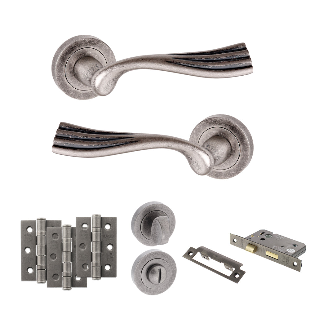 Quality image of Old English Richmond Door Handle Pack (Bathroom Set - 2.5" CE Bathroom Lock, 3" Fire Rated Hinges x3) - Distressed Silver | Sku. adpoe110ds8 | available from Trade Door Handles.