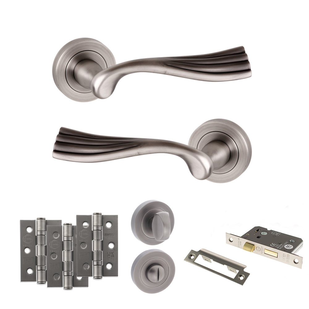 Quality image of Old English Richmond Door Handle Pack (Bathroom Set - 3" CE Bathroom Lock, 3" Fire Rated Hinges x3) - Matt Gun Metal | Sku. adpoe110mbn9 | available from Trade Door Handles.