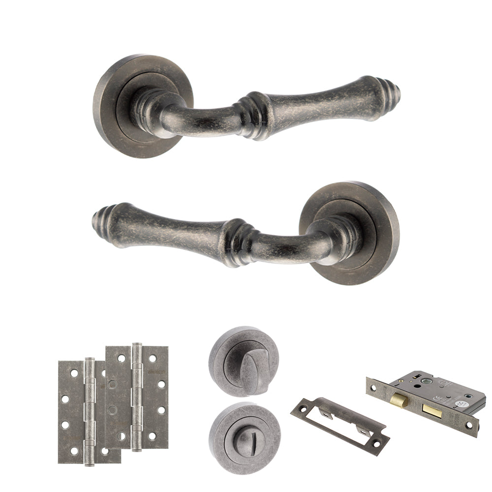 Quality image of Old English Durham Door Handle Pack (Bathroom Set - 2.5" CE Bathroom Lock, 4" Slim Knuckle Hinges x2) - Distressed Silver | Sku. adpoe127ds12 | available from Trade Door Handles.
