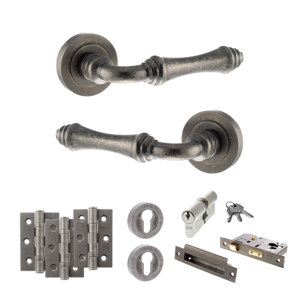 Quality image of Old English Durham Door Handle Pack (Euro Lock Set - 2.5" CE Sashlock, 3" Fire Rated Hinges x3) - Distressed Silver | Sku. adpoe127ds20 | available from Trade Door Handles.