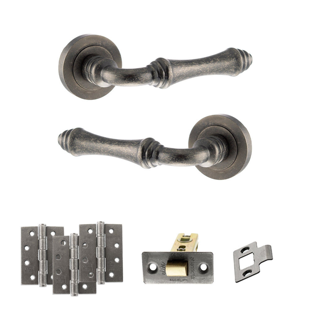 Quality image of Old English Durham Door Handle Pack (Latch Set - 2.5" CE Latch, 4" Fire Rated Hinges x3) - Distressed Silver | Sku. adpoe127ds3 | available from Trade Door Handles.
