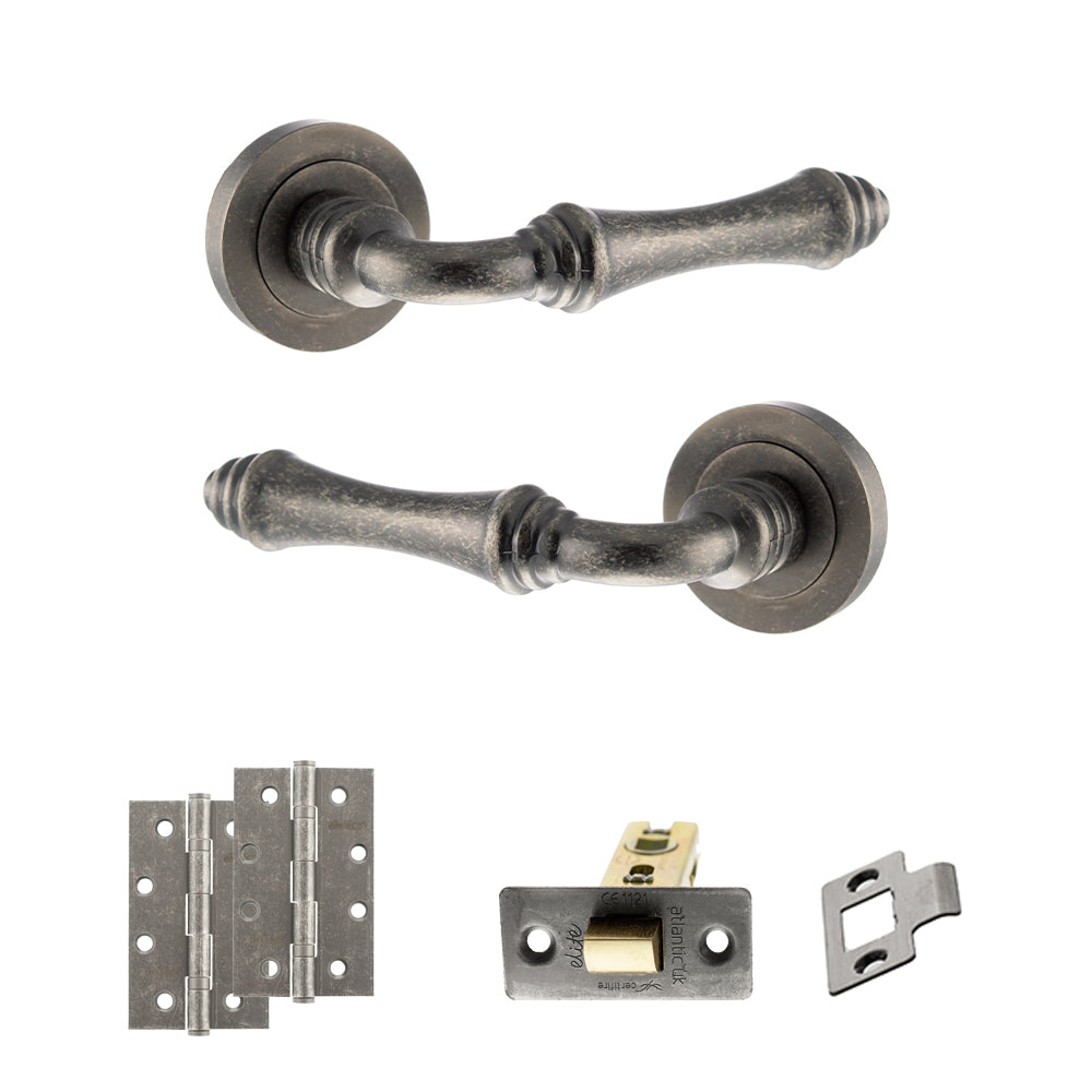 Quality image of Old English Durham Door Handle Pack (Latch Set - 3" CE Latch, 4" Slim Knuckle Hinges x2) - Distressed Silver | Sku. adpoe127ds6 | available from Trade Door Handles.