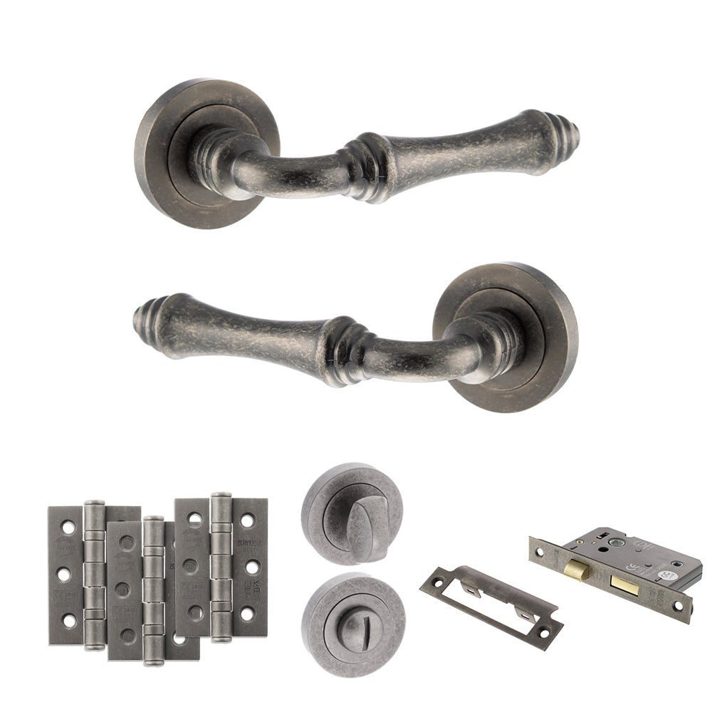 Quality image of Old English Durham Door Handle Pack (Bathroom Set - 3" CE Bathroom Lock, 3" Fire Rated Hinges x3) - Distressed Silver | Sku. adpoe127ds9 | available from Trade Door Handles.