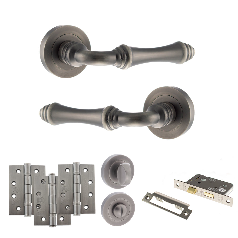 Quality image of Old English Durham Door Handle Pack (Bathroom Set - 3" CE Bathroom Lock, 4" Fire Rated Hinges x3) - Matt Gun Metal | Sku. adpoe127mbn11 | available from Trade Door Handles.