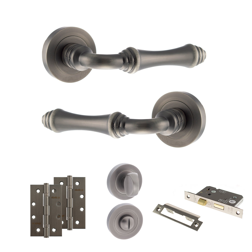 Quality image of Old English Durham Door Handle Pack (Bathroom Set - 2.5" CE Bathroom Lock, 4" Slim Knuckle Hinges x2) - Matt Gun Metal | Sku. adpoe127mbn12 | available from Trade Door Handles.