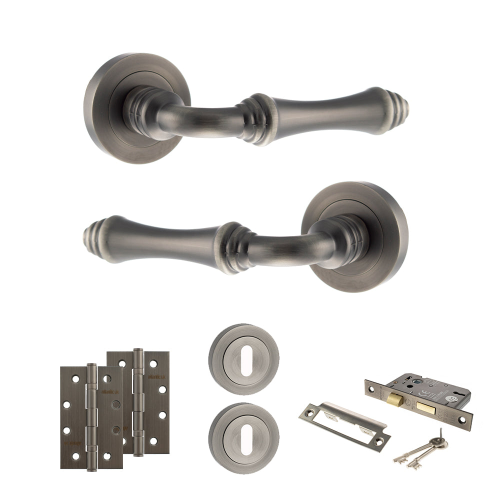 Quality image of Old English Durham Door Handle Pack (3 Lever Lock Set - 3" CE Sashlock, 4" Slim Knuckle Hinges x2) - Matt Gun Metal | Sku. adpoe127mbn19 | available from Trade Door Handles.