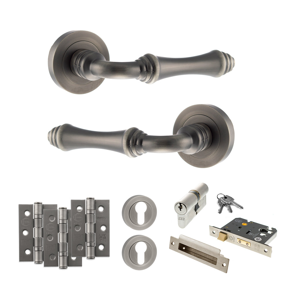 Quality image of Old English Durham Door Handle Pack (Euro Lock Set - 2.5" CE Sashlock, 3" Fire Rated Hinges x3) - Matt Gun Metal | Sku. adpoe127mbn20 | available from Trade Door Handles.