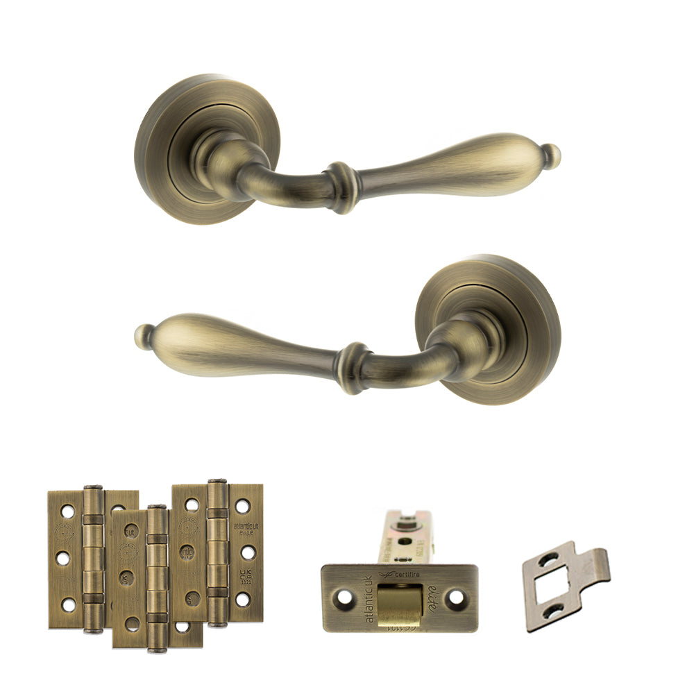 Quality image of Old English Wrexham Door Handle Pack (Latch Set - 2.5" CE Latch, 3" Fire Rated Hinges x3) - Matt Antique Brass | Sku. adpoe142mab1 | available from Trade Door Handles.