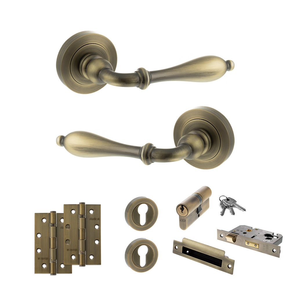 Quality image of Old English Wrexham Door Handle Pack (Euro Lock Set - 3" CE Sashlock, 4" Slim Knuckle Hinges x2) - Matt Antique Brass | Sku. adpoe142mab25 | available from Trade Door Handles.