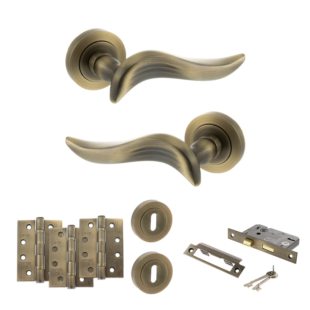 Quality image of Old English Oxford Door Handle Pack (3 Lever Lock Set - 2.5" CE Sashlock, 4" Fire Rated Hinges x3) - Matt Antique Brass | Sku. adpoe144mab16 | available from Trade Door Handles.