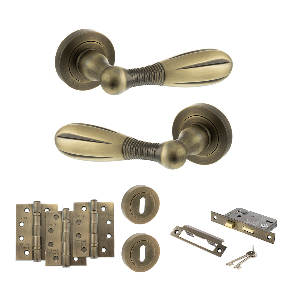 Quality image of Old English Cambridge Door Handle Pack (3 Lever Lock Set - 2.5" CE Sashlock, 4" Fire Rated Hinges x3) - Matt Antique Brass | Sku. adpoe175mab16 | available from Trade Door Handles.