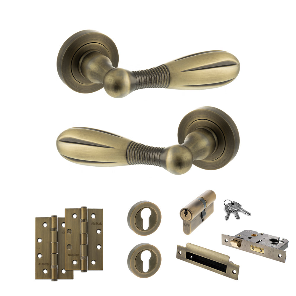 Quality image of Old English Cambridge Door Handle Pack (Euro Lock Set - 3" CE Sashlock, 4" Slim Knuckle Hinges x2) - Matt Antique Brass | Sku. adpoe175mab25 | available from Trade Door Handles.