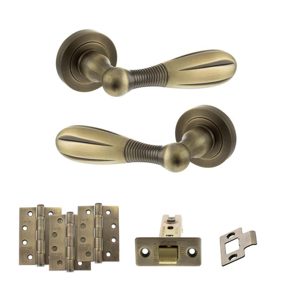 Quality image of Old English Cambridge Door Handle Pack (Latch Set - 2.5" CE Latch, 4" Fire Rated Hinges x3) - Matt Antique Brass | Sku. adpoe175mab3 | available from Trade Door Handles.