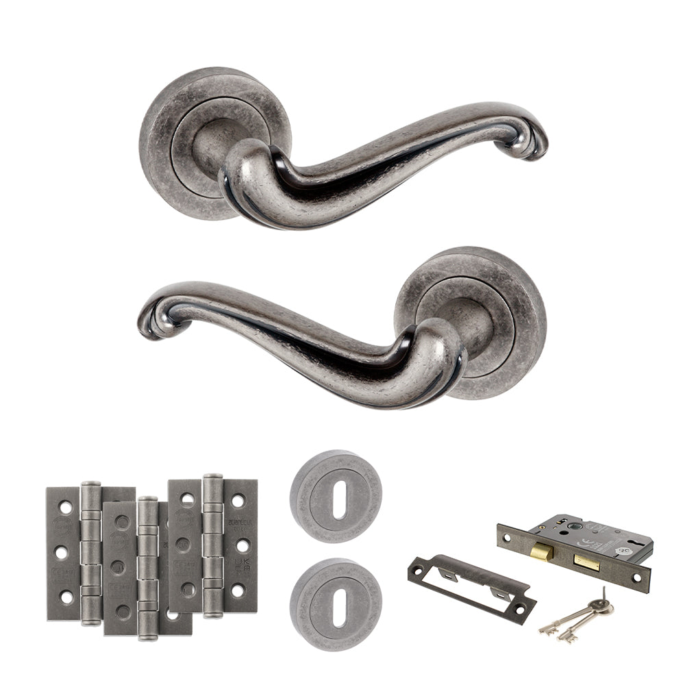 Quality image of Old English Colchester Door Handle Pack (3 Lever Lock Set - 3" CE Sashlock, 3" Fire Rated Hinges x3) - Distressed Silver | Sku. adpoe177ds15 | available from Trade Door Handles.