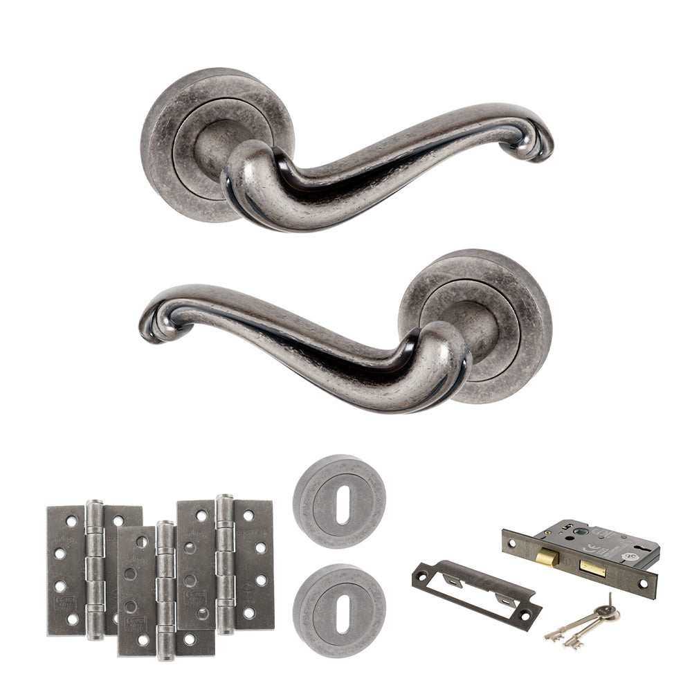 Quality image of Old English Colchester Door Handle Pack (3 Lever Lock Set - 3" CE Sashlock, 4" Fire Rated Hinges x3) - Distressed Silver | Sku. adpoe177ds17 | available from Trade Door Handles.