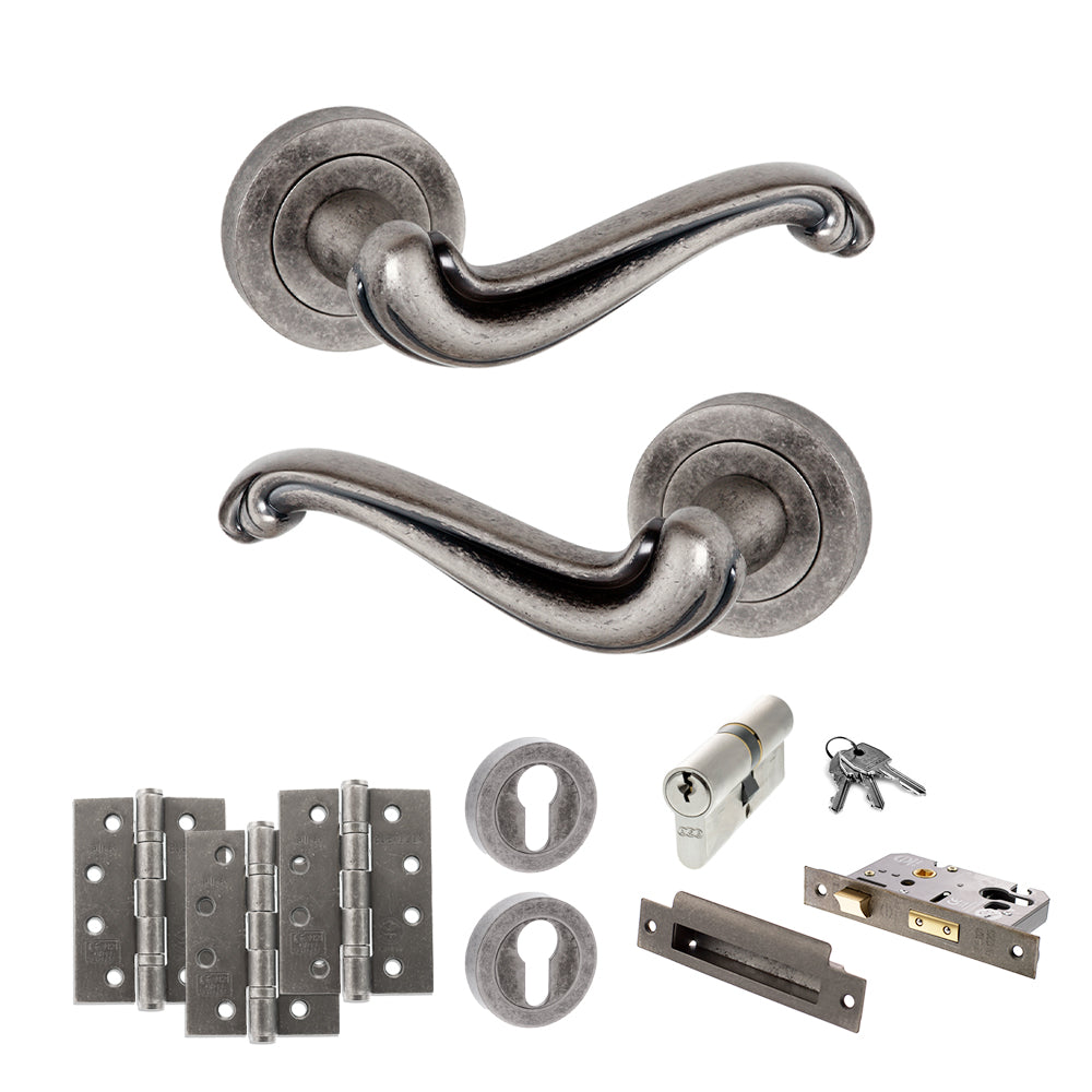 Quality image of Old English Colchester Door Handle Pack (Euro Lock Set - 3" CE Sashlock, 4" Fire Rated Hinges x3) - Distressed Silver | Sku. adpoe177ds23 | available from Trade Door Handles.