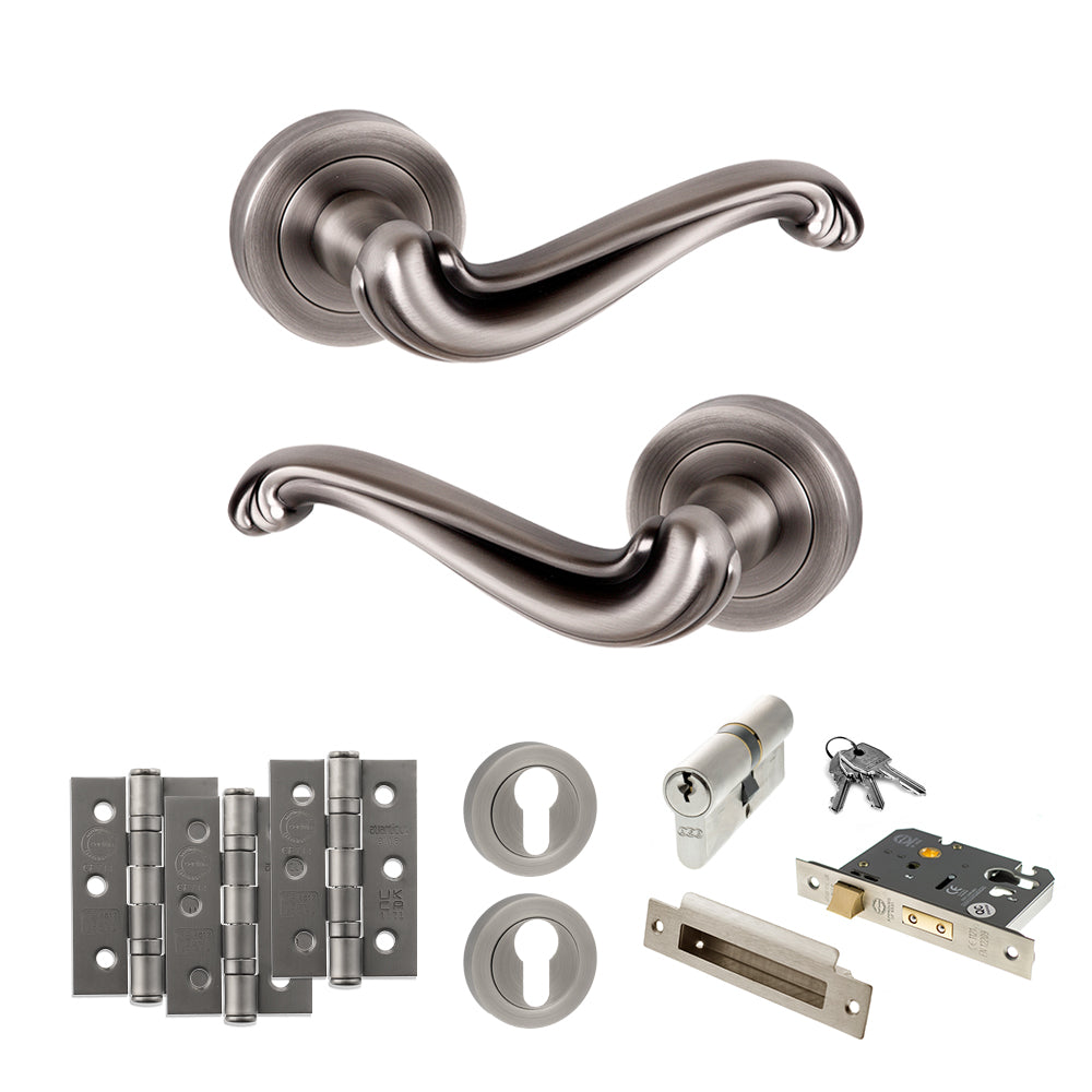 Quality image of Old English Colchester Door Handle Pack (Euro Lock Set - 3" CE Sashlock, 3" Fire Rated Hinges x3) - Matt Gun Metal | Sku. adpoe177mbn21 | available from Trade Door Handles.