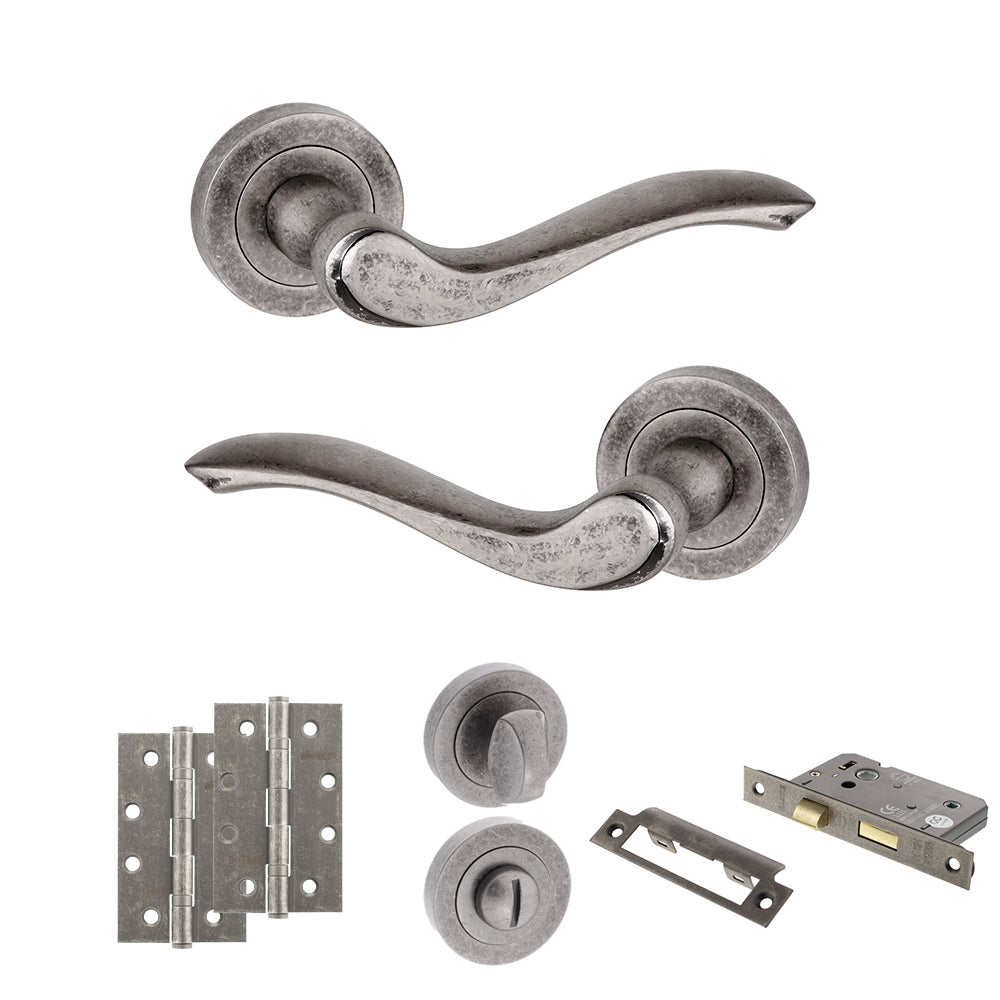 Quality image of Old English Warwick Door Handle Pack (Bathroom Set - 2.5" CE Bathroom Lock, 4" Slim Knuckle Hinges x2) - Distressed Silver | Sku. adpoe178ds12 | available from Trade Door Handles.