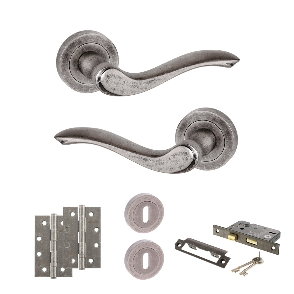 Quality image of Old English Warwick Door Handle Pack (3 Lever Lock Set - 2.5" CE Sashlock, 4" Slim Knuckle Hinges x2) - Distressed Silver | Sku. adpoe178ds18 | available from Trade Door Handles.
