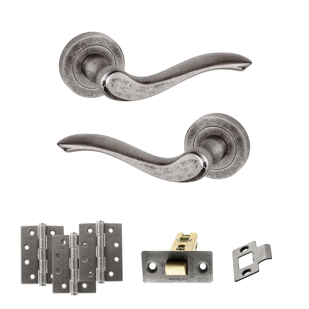 Quality image of Old English Warwick Door Handle Pack (Latch Set - 2.5" CE Latch, 4" Fire Rated Hinges x3) - Distressed Silver | Sku. adpoe178ds3 | available from Trade Door Handles.