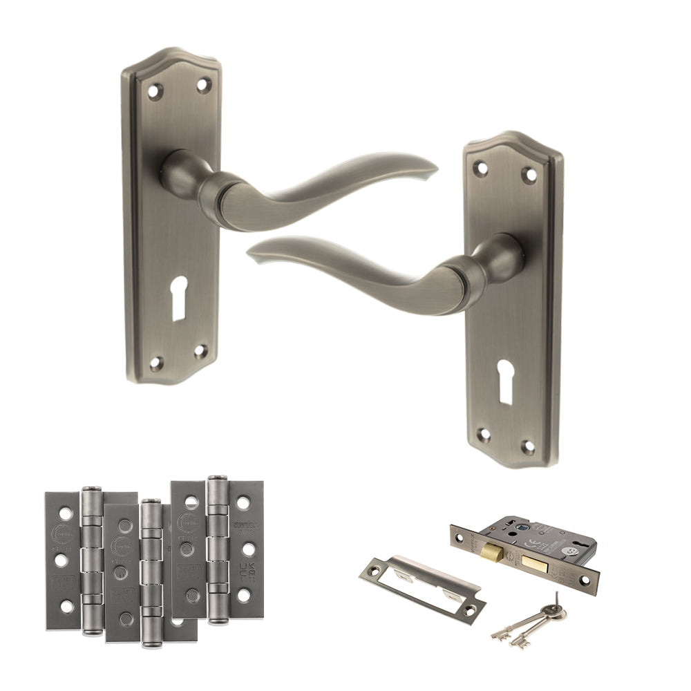 Quality image of Old English Warwick Door Handle Pack (3 Lever Lock Set - 3" CE Sashlock, 3" Fire Rated Hinges x3) - Matt Gun Metal | Sku. adpoe178kmbn15 | available from Trade Door Handles.