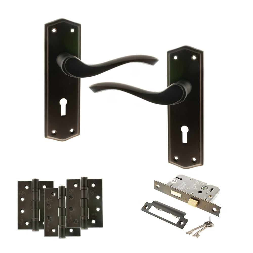 Quality image of Old English Warwick Door Handle Pack (3 Lever Lock Set - 3" CE Sashlock, 4" Fire Rated Hinges x3) - Urban Dark Bronze | Sku. adpoe178kudb17 | available from Trade Door Handles.