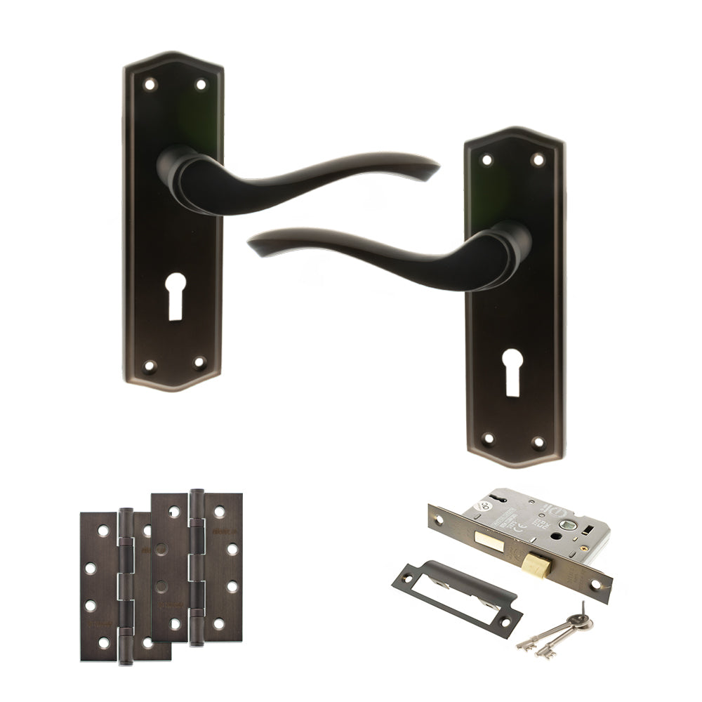 Quality image of Old English Warwick Door Handle Pack (3 Lever Lock Set - 2.5" CE Sashlock, 4" Slim Knuckle Hinges x2) - Urban Dark Bronze | Sku. adpoe178kudb18 | available from Trade Door Handles.
