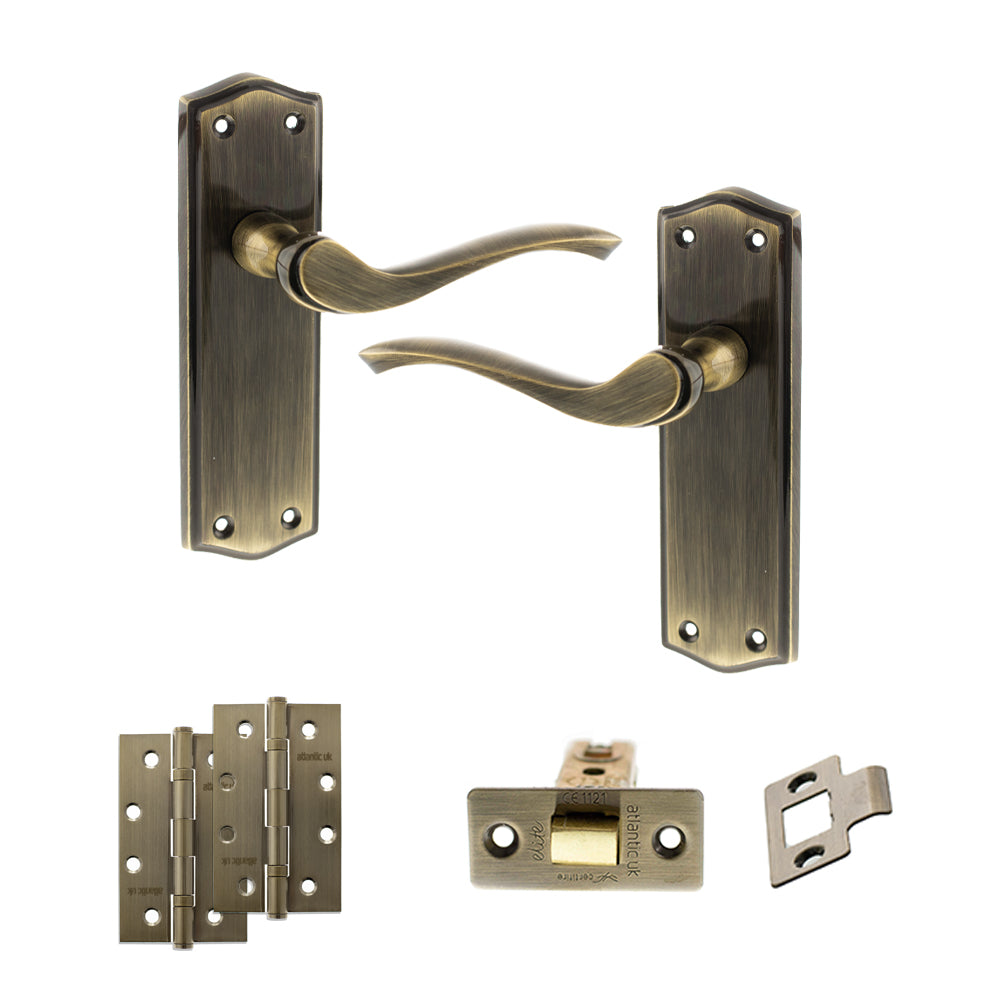Quality image of Old English Warwick Door Handle Pack (Latch Set - 2.5" CE Latch, 4" Slim Knuckle Hinges x2) - Antique Brass | Sku. adpoe178lab5 | available from Trade Door Handles.